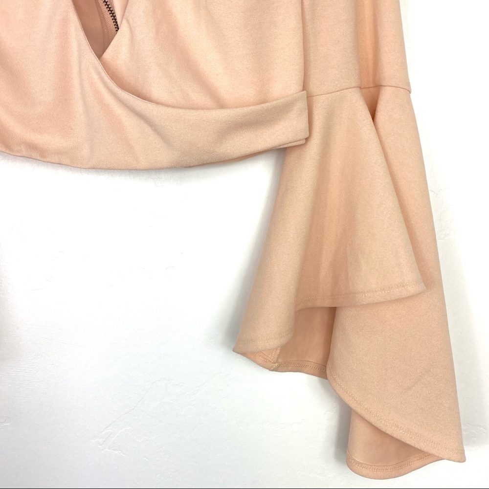 Seek the Label Blush Pink Bell Sleeve Mock Neck Keyhole Full Zip Wrap Crop Top - Picture 3 of 8